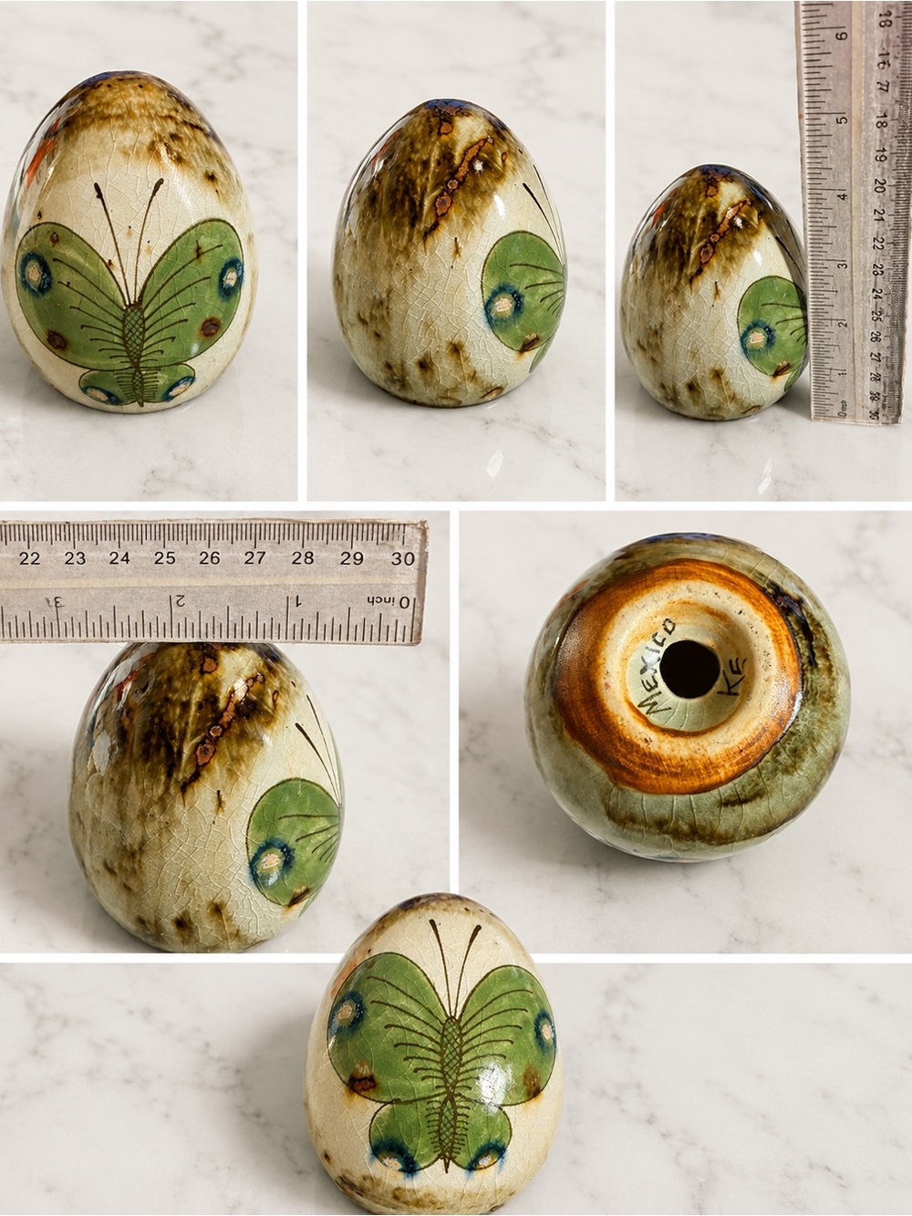 Mexican Folk Art Pottery Egg Green Butterfly Hand Painted Signed Mexico 4.5”